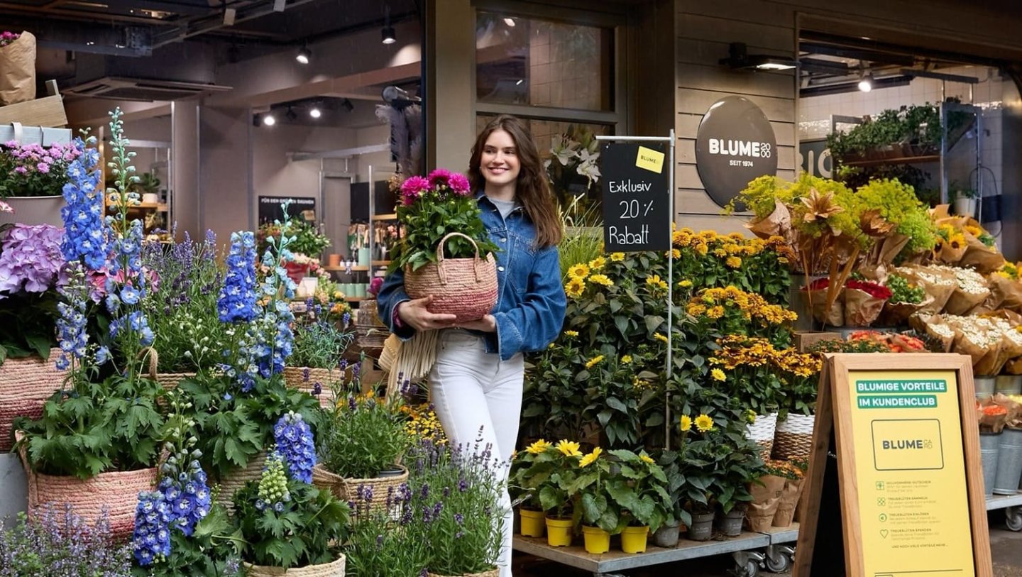 A woman walks out of a store carrying a bouquet of flowers in her arms, smiling towards the camera