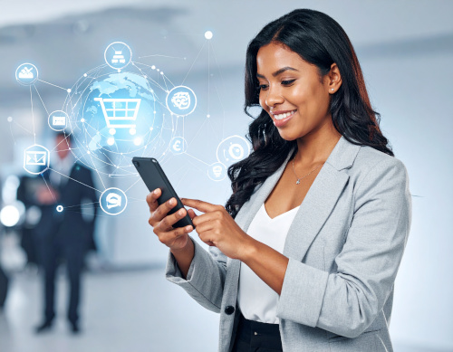 Futuristic illustration of an AI agent assisting a customer with online shopping, surrounded by a digital global network and e-commerce icons.